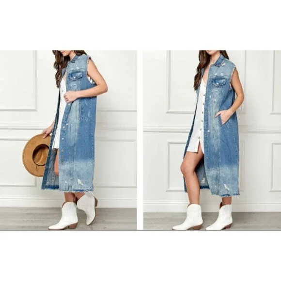 VEVERET Long Distressed Denim Vest Duster Chic Jean Jacket Blue Sz L - Picture 1 of 9